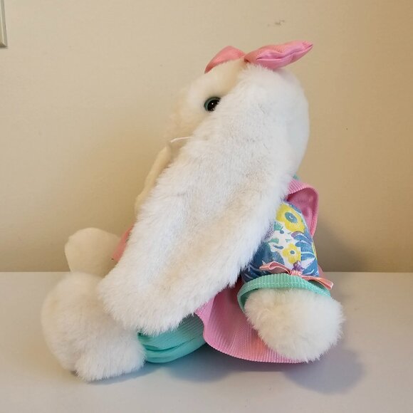 Main Joy Limited Bunny Rabbit Plush Stuffed Animal White Pink Teal Floral Vtg - Picture 8 of 10